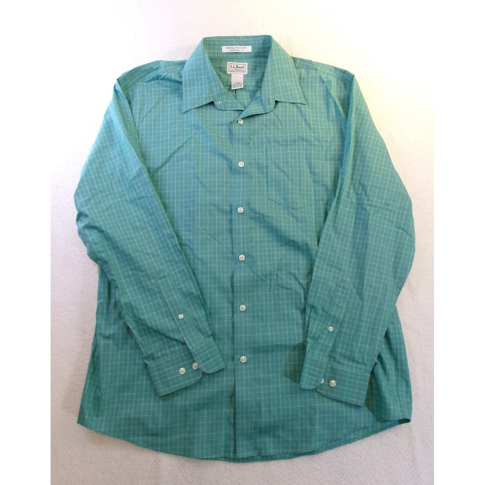 LL Bean Mens Wrinkle Resistant Traditional Fit Shirt Teal Check 290464 L REG